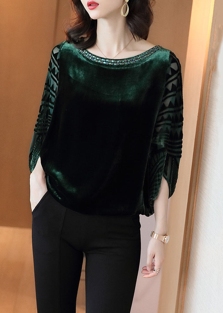 Chic Blackish Green Zircon Patchwork Silk Velour Top Batwing Sleeve TF1056 - fabuloryshop