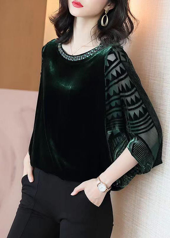 Chic Blackish Green Zircon Patchwork Silk Velour Top Batwing Sleeve TF1056 - fabuloryshop