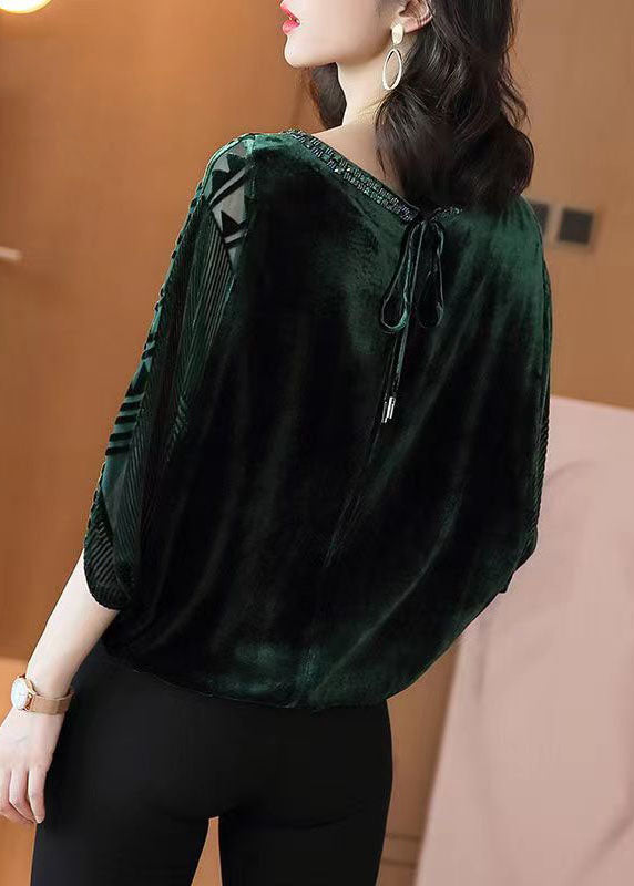 Chic Blackish Green Zircon Patchwork Silk Velour Top Batwing Sleeve TF1056 - fabuloryshop