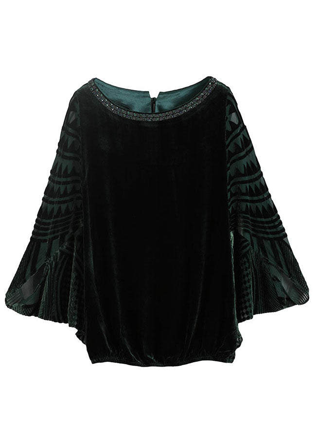 Chic Blackish Green Zircon Patchwork Silk Velour Top Batwing Sleeve TF1056 - fabuloryshop