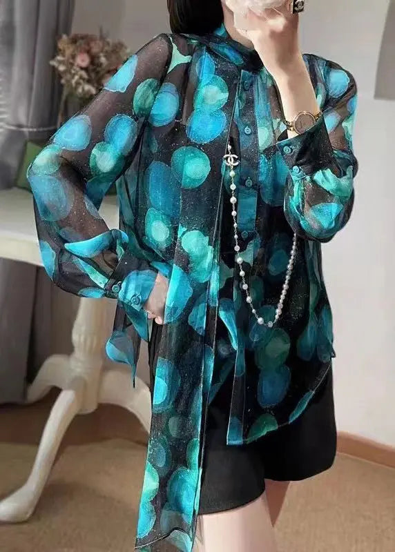 Chic Blue Bow Print Patchwork Chiffon Blouse Tops Fall Ada Fashion