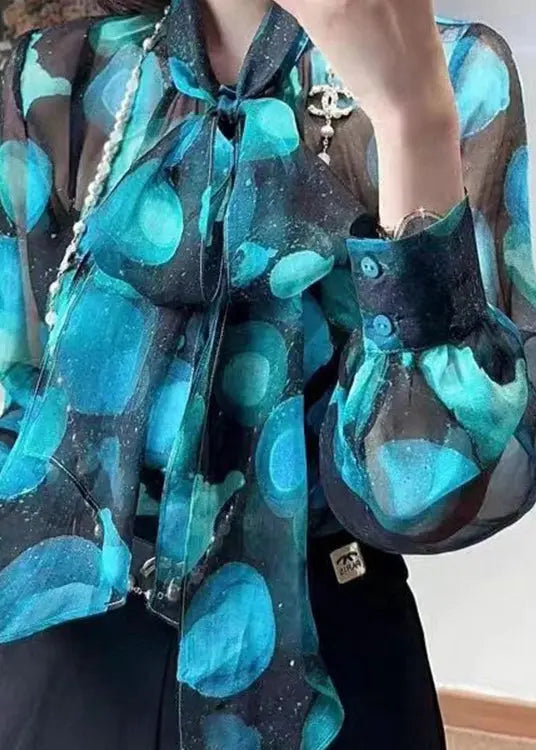 Chic Blue Bow Print Patchwork Chiffon Blouse Tops Fall Ada Fashion