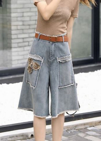 Chic Blue Floral High Waist Sashes Denim Crop Pants Summer LY5243 - fabuloryshop