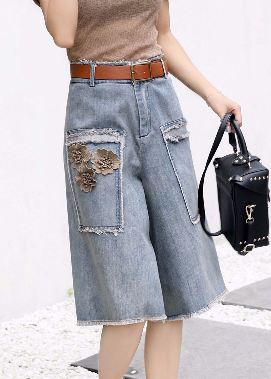 Chic Blue Floral High Waist Sashes Denim Crop Pants Summer LY5243 - fabuloryshop