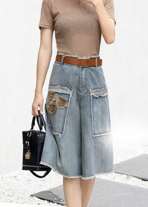 Chic Blue Floral High Waist Sashes Denim Crop Pants Summer LY5243 - fabuloryshop