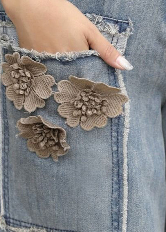 Chic Blue Floral High Waist Sashes Denim Crop Pants Summer LY5243 - fabuloryshop