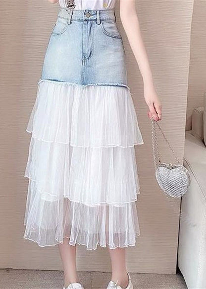 Chic Blue High Waist Tulle Patchwork Denim A Line Skirt TY1083 - fabuloryshop