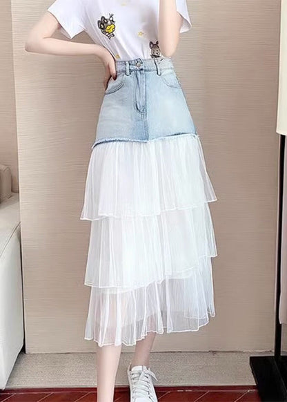 Chic Blue High Waist Tulle Patchwork Denim A Line Skirt TY1083 - fabuloryshop