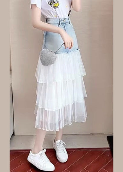 Chic Blue High Waist Tulle Patchwork Denim A Line Skirt TY1083 - fabuloryshop