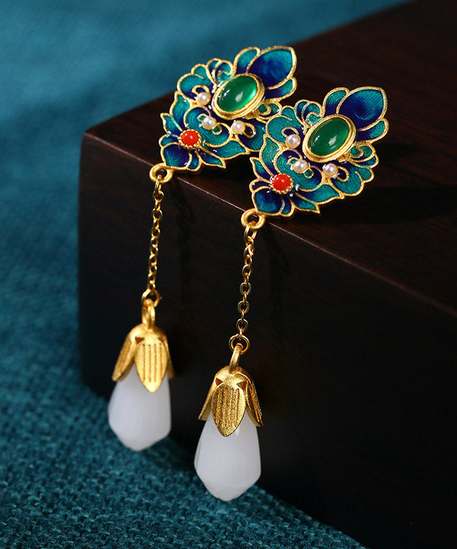 Chic Blue Jade Enamel Agate Orchid Drop Earrings LY2306 - fabuloryshop