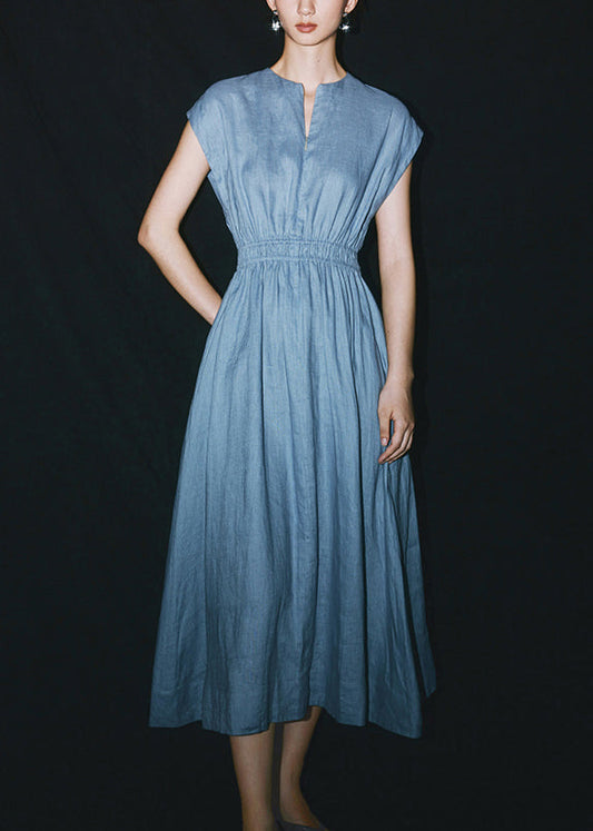 Chic Blue O-Neck Patchwork Linen Long Dresses Summer Ada Fashion