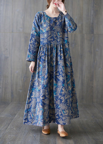 Chic Blue O-Neck Print Patchwork Long Dress Summer Ada Fashion