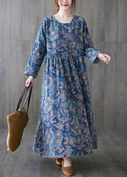 Chic Blue O-Neck Print Patchwork Long Dress Summer Ada Fashion