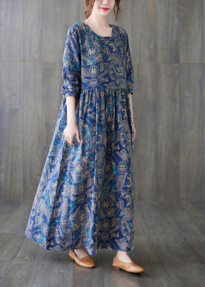 Chic Blue O-Neck Print Patchwork Long Dress Summer Ada Fashion