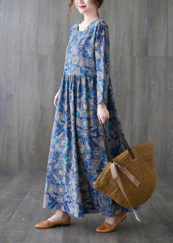 Chic Blue O-Neck Print Patchwork Long Dress Summer Ada Fashion
