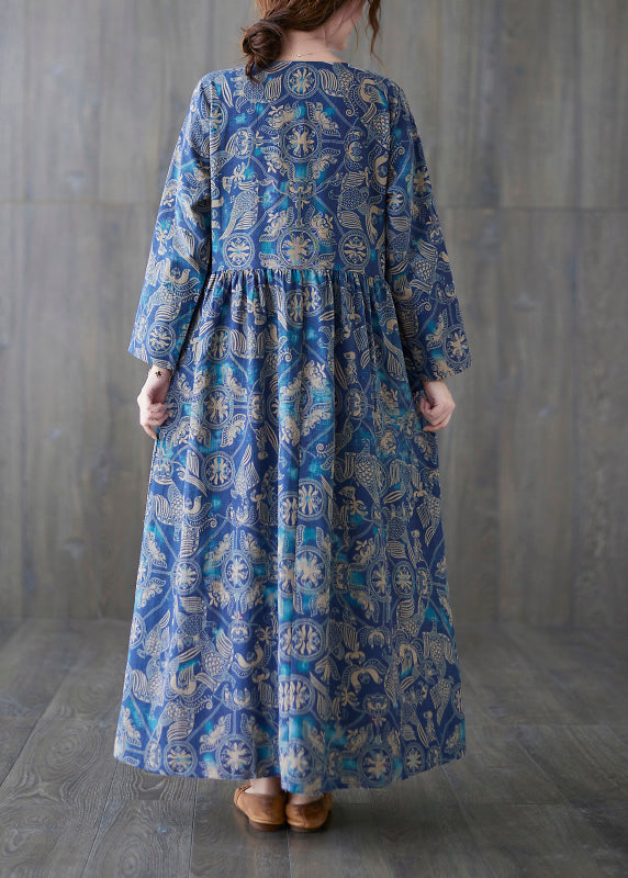 Chic Blue O-Neck Print Patchwork Long Dress Summer Ada Fashion