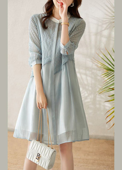 Chic Blue O-Neck Striped Patchwork Fake Two Pieces Button Long Dress Summer LY1757 - fabuloryshop