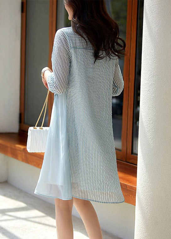 Chic Blue O-Neck Striped Patchwork Fake Two Pieces Button Long Dress Summer LY1757 - fabuloryshop