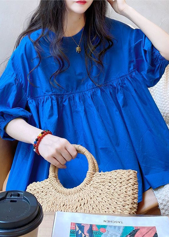 Chic Blue O Neck Wrinkled Patchwork Cotton Shirt Tops Summer LY2930