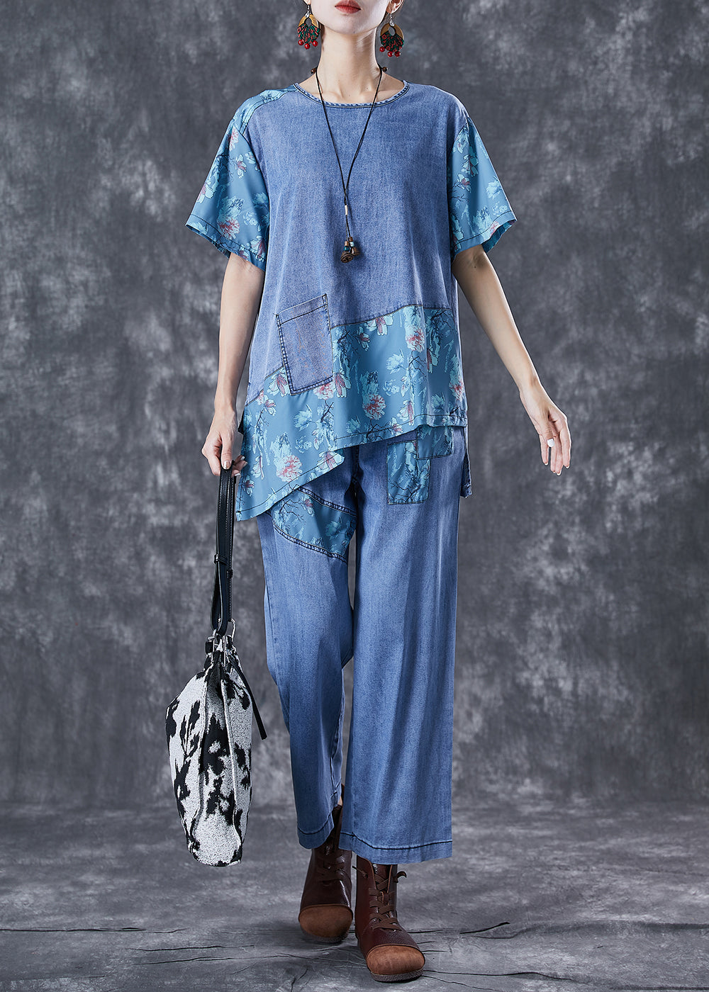 Chic Blue Oversized Asymmetrical Patchwork Denim Two Pieces Set Summer LY6758 - fabuloryshop