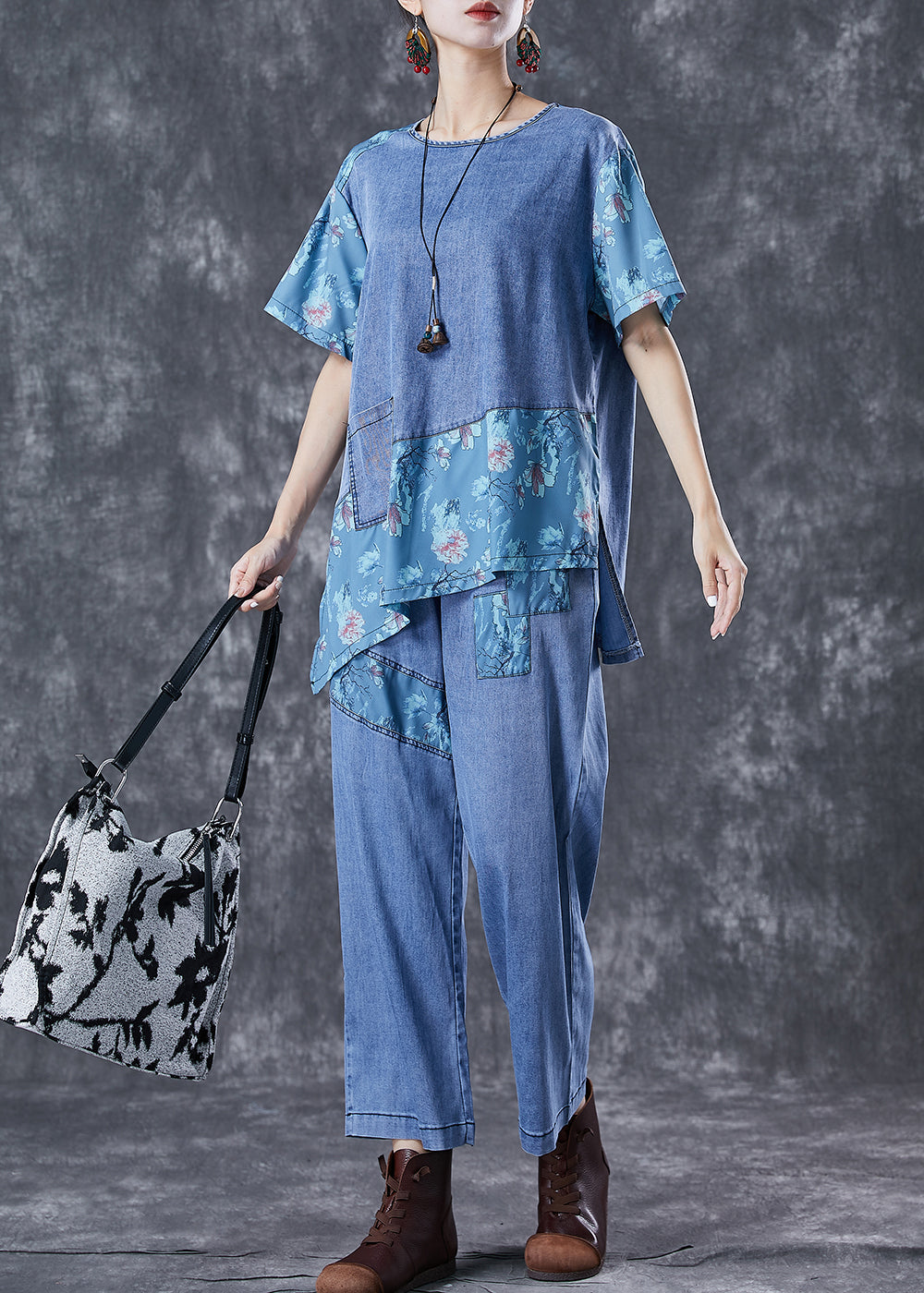 Chic Blue Oversized Asymmetrical Patchwork Denim Two Pieces Set Summer LY6758 - fabuloryshop