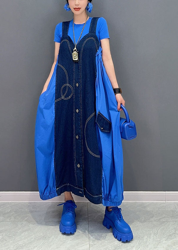 Chic Blue Oversized Patchwork Cotton Denim Strap Dress Summer LY0574