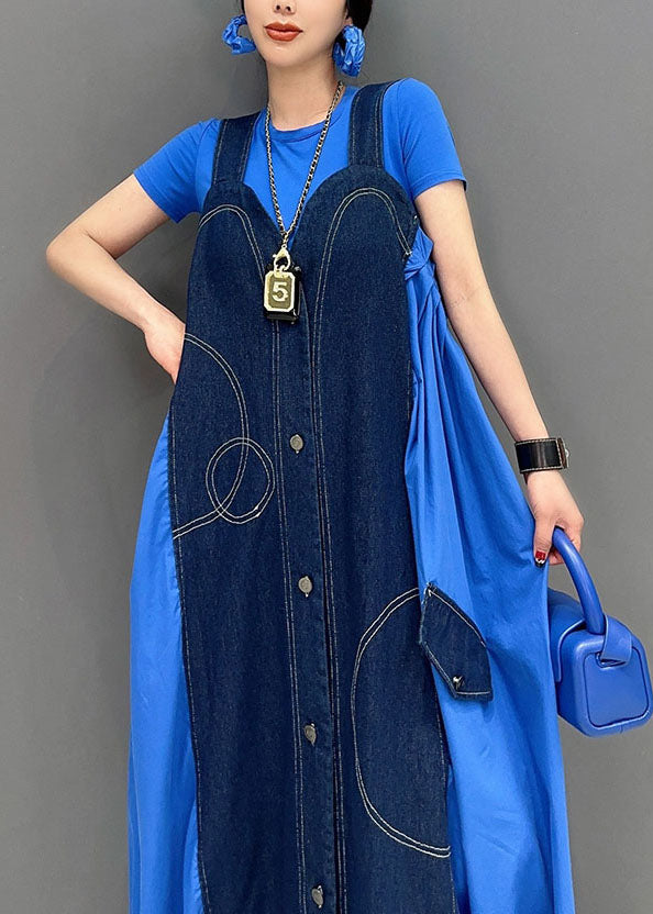 Chic Blue Oversized Patchwork Cotton Denim Strap Dress Summer LY0574