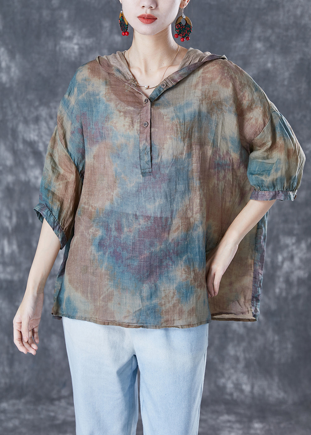 Chic Blue Oversized Tie Dye Linen Shirt Tops Bracelet Sleeve TA1036 - fabuloryshop