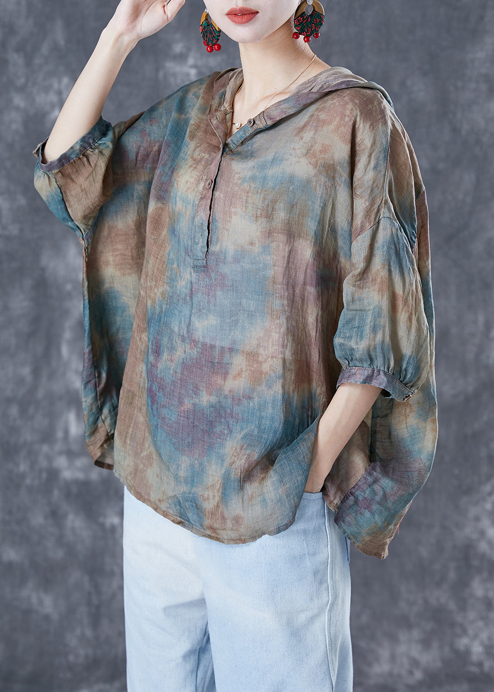 Chic Blue Oversized Tie Dye Linen Shirt Tops Bracelet Sleeve TA1036 - fabuloryshop