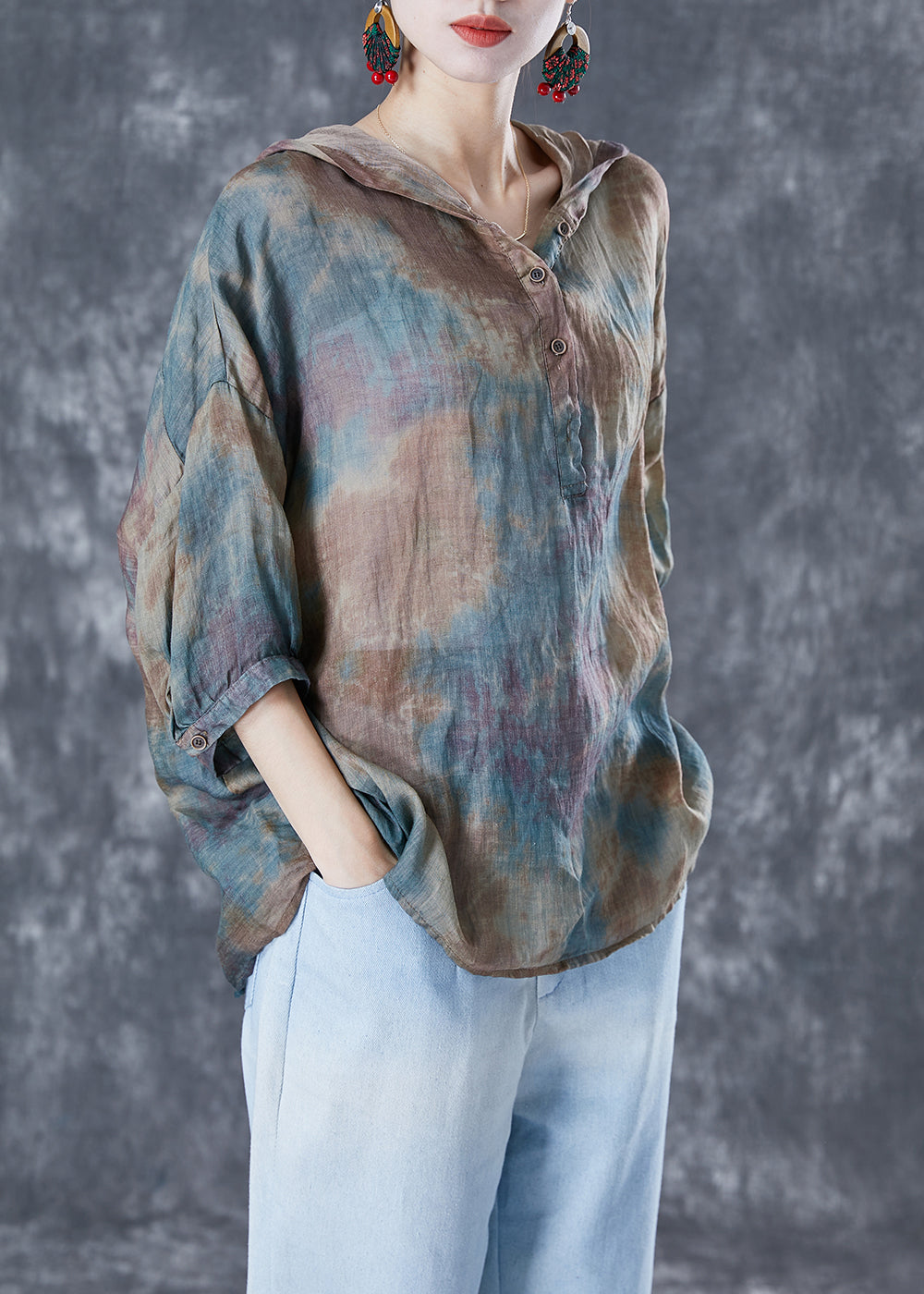 Chic Blue Oversized Tie Dye Linen Shirt Tops Bracelet Sleeve LY5069 - fabuloryshop