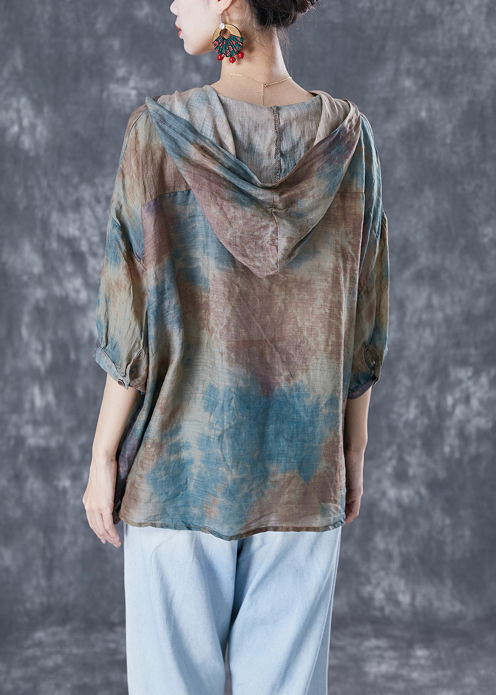 Chic Blue Oversized Tie Dye Linen Shirt Tops Bracelet Sleeve TA1036 - fabuloryshop