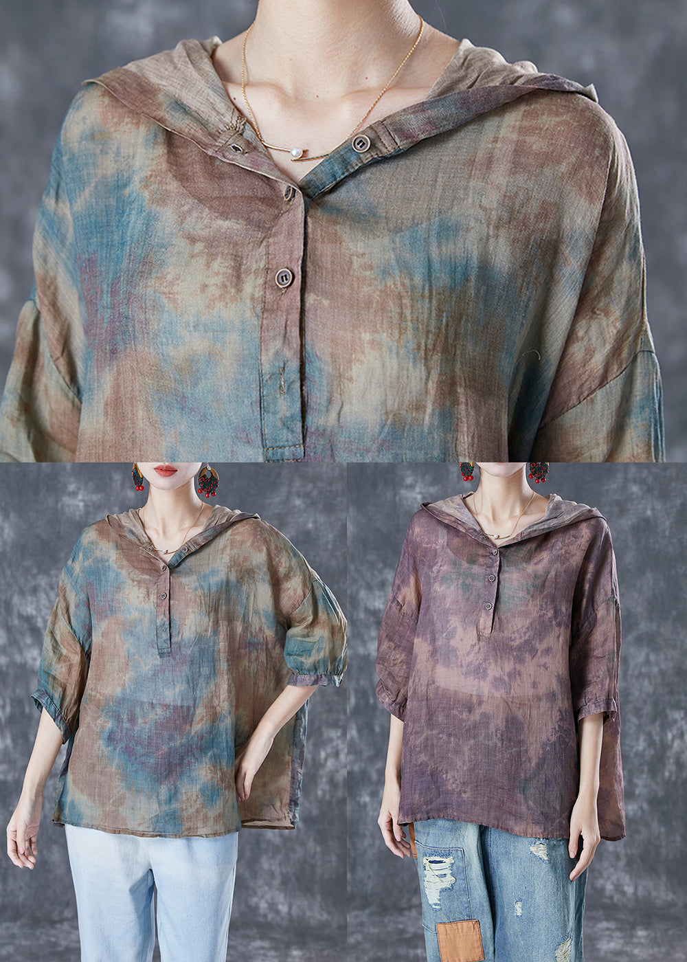 Chic Blue Oversized Tie Dye Linen Shirt Tops Bracelet Sleeve TA1036 - fabuloryshop