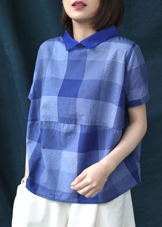 Chic Blue Plaid Peter Pan Collar Patchwork Linen Shirt Tops Summer LY6226 - fabuloryshop