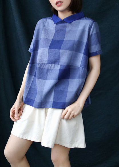 Chic Blue Plaid Peter Pan Collar Patchwork Linen Shirt Tops Summer LY6226 - fabuloryshop