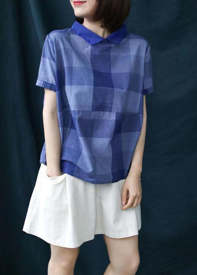 Chic Blue Plaid Peter Pan Collar Patchwork Linen Shirt Tops Summer LY6226 - fabuloryshop