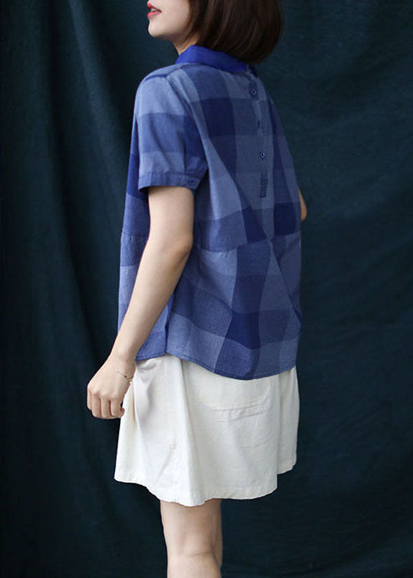Chic Blue Plaid Peter Pan Collar Patchwork Linen Shirt Tops Summer LY6226 - fabuloryshop