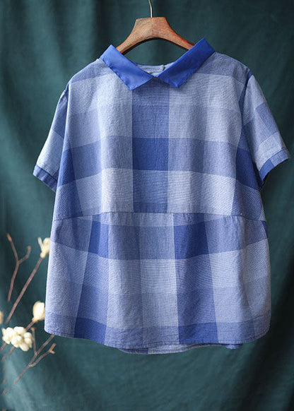 Chic Blue Plaid Peter Pan Collar Patchwork Linen Shirt Tops Summer LY6226 - fabuloryshop