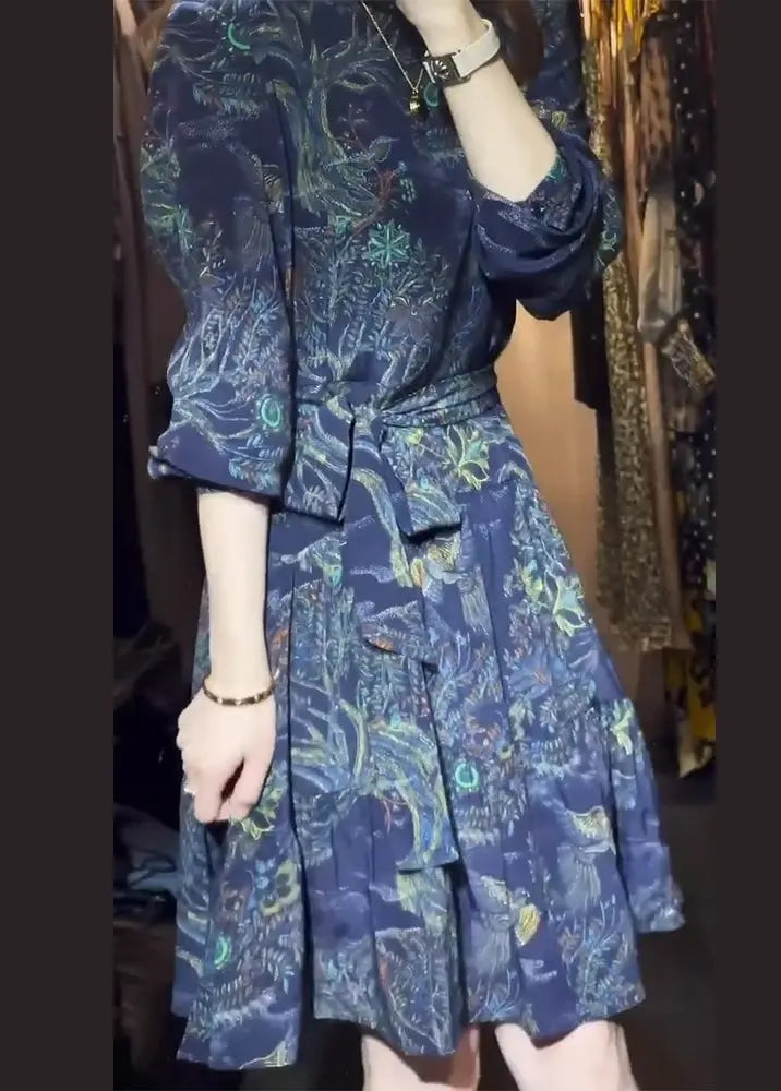 Chic Blue Print Tie Waist Patchwork Cotton Mid Dress Summer Ada Fashion