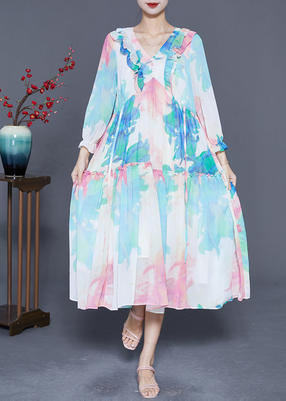 Chic Blue Ruffled Patchwork Print Chiffon Holiday Dresses Summer LY5401 - fabuloryshop