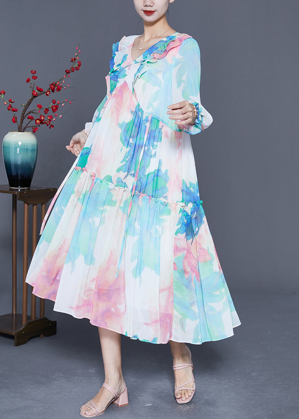 Chic Blue Ruffled Patchwork Print Chiffon Holiday Dresses Summer LY5401 - fabuloryshop