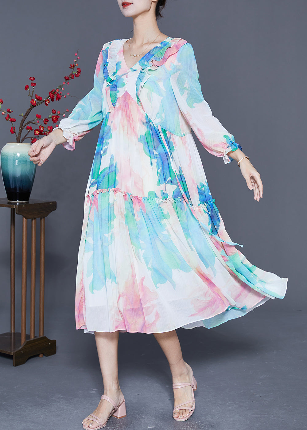 Chic Blue Ruffled Patchwork Print Chiffon Holiday Dresses Summer LY5401 - fabuloryshop