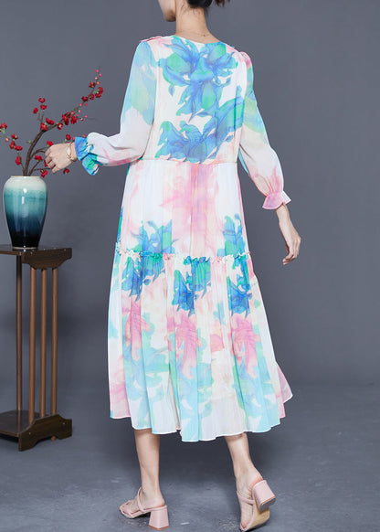 Chic Blue Ruffled Patchwork Print Chiffon Holiday Dresses Summer LY5401 - fabuloryshop