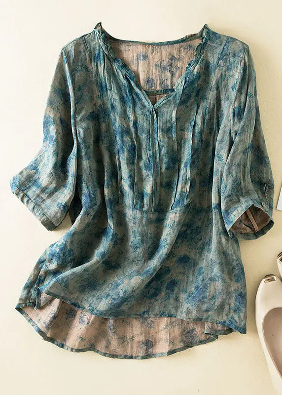 Chic Blue Ruffled Print Patchwork Linen Shirts Top Summer Ada Fashion