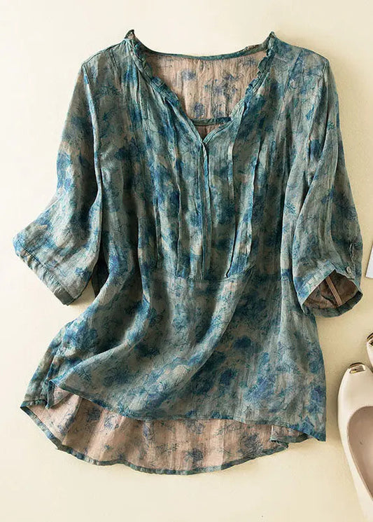 Chic Blue Ruffled Print Patchwork Linen Shirts Top Summer Ada Fashion