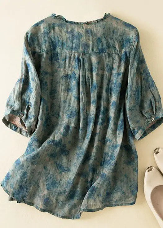 Chic Blue Ruffled Print Patchwork Linen Shirts Top Summer Ada Fashion