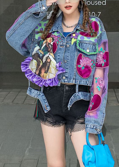 Chic Blue Ruffled Tulle Embroideried Patchwork Denim Jacket Spring LY3987 - fabuloryshop