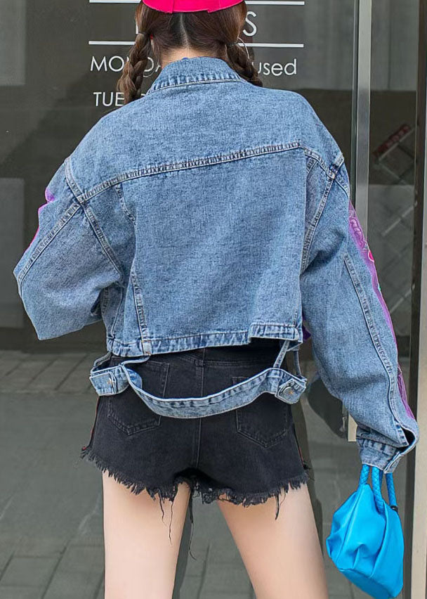 Chic Blue Ruffled Tulle Embroideried Patchwork Denim Jacket Spring LY3987 - fabuloryshop