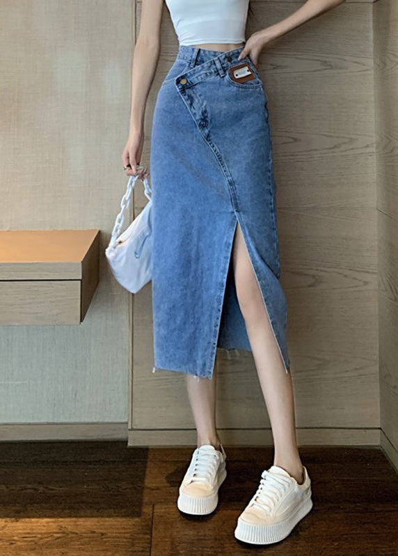Chic Blue Side Open Asymmetrical Patchwork Denim Maxi Skirts Summer TY1032