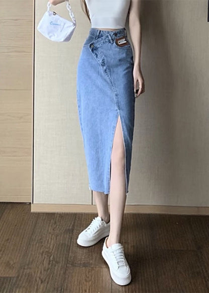 Chic Blue Side Open Asymmetrical Patchwork Denim Maxi Skirts Summer TY1032 - fabuloryshop