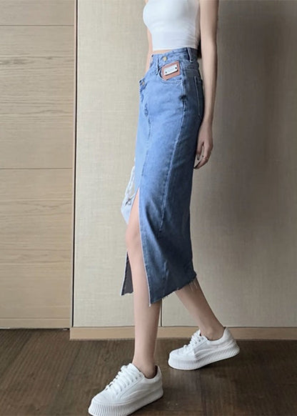 Chic Blue Side Open Asymmetrical Patchwork Denim Maxi Skirts Summer LY7933